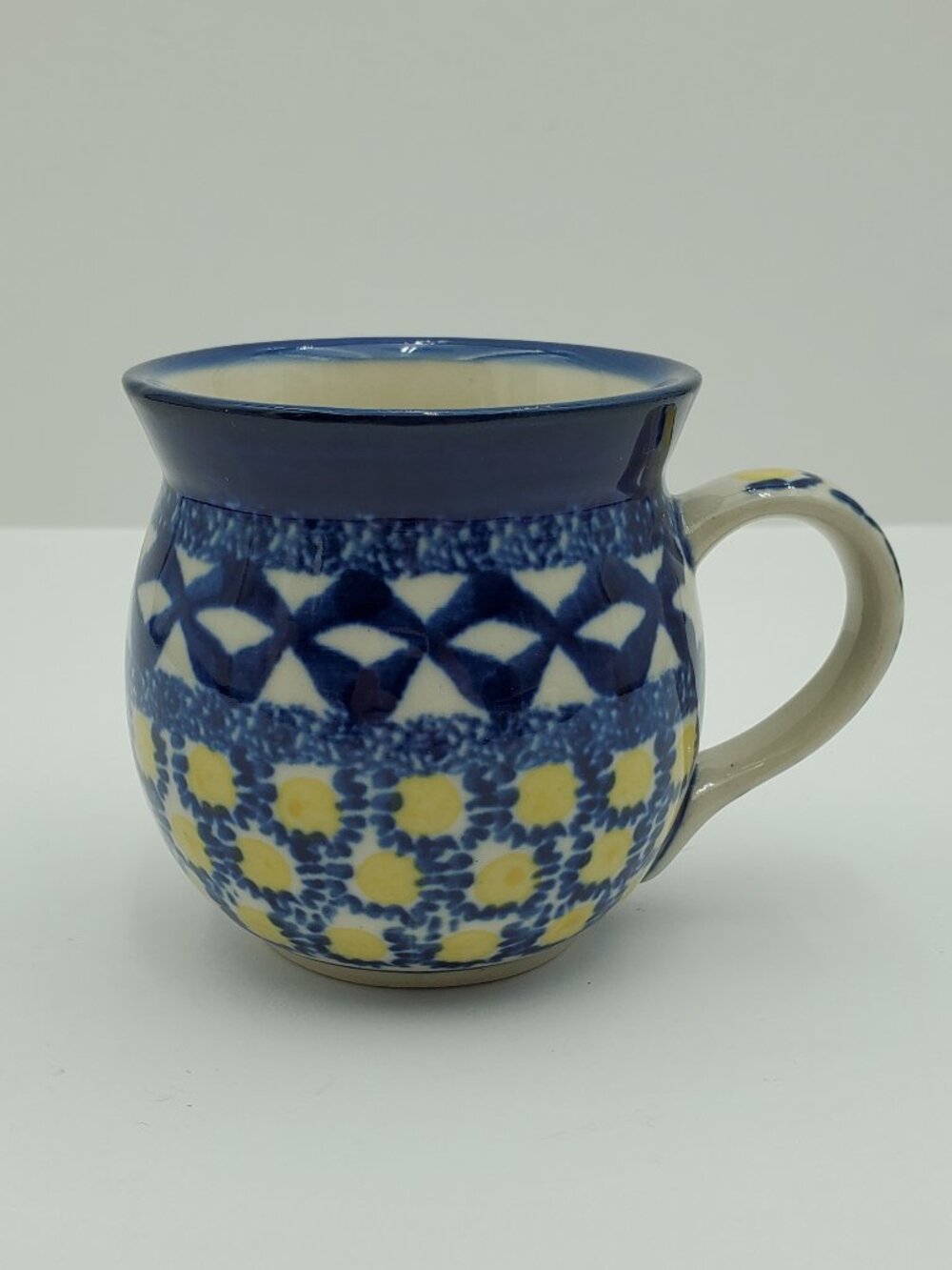 Polish Pottery Yellow Circles Blue Squares Small Bubble Mug Small Belly Mug